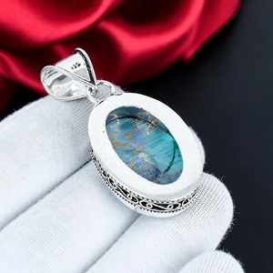 Colgante de mosaico ovalado de cobre verde con piedra, plata de ley 925, chapado en plata, hecho a mano, de alta calidad, con engaste de bisel, joyería para mujer - Product Image 3