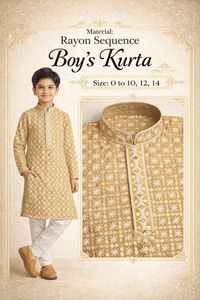 <b>Boys</b> Cotton <b>Kurta</b> Pajama Set Gold Printed Traditional Ethnic Wear Wedding Outfit Regular Fit Ankle Length Kids Indian Clothing - Product Image 2