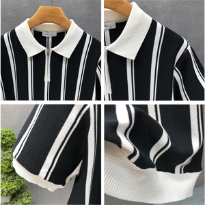 เสื้อโปโลผ้าไหมสไตล์เกาหลีสำหรับผู้ชายระบายอากาศได้ดีสำหรับฤดูร้อนธุรกิจลำลองเสื้อถักลายแนวตั้ง - Product Image 4