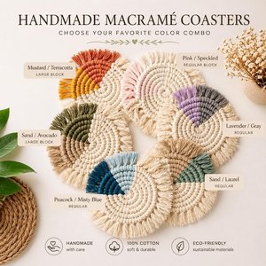 Handmade Modern <b>Round</b> Macrame Coasters Set Tassels Multicolor Polyester Cotton 10cm Diameter Fabric <b>Mats</b> for Table Decoration - Product Image 5