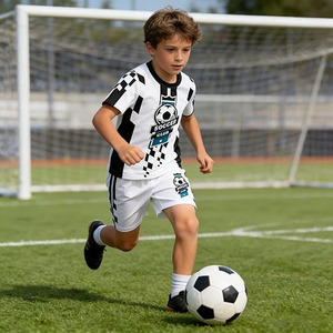 Tenue de football complète pour enfants - Maillot et short rayés blancs et noirs sublimés, impression par transfert thermique 100% polyester - Product Image 2