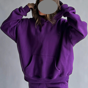 Sweat-shirt à capuche surdimensionné pour femme, couleur unie violet, en molleton de coton, manches longues, vêtement décontracté d'automne - Product Image 4