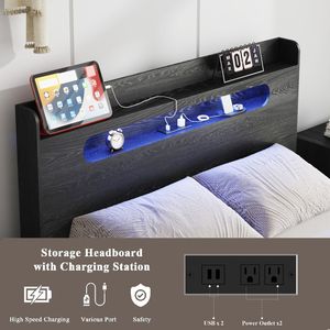 Lit plateforme en bois King Size avec tête de lit à éclairage LED et 2 ports USB, sans bruit, aucun sommier requis, rangement inclus - Product Image 5