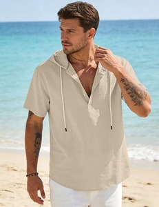 Chemise Henley à capuche en coton et lin pour homme, manches courtes, été, plage, décontractée, légère, coupe ample, fabrication sur mesure OEM ODM - Product Image 4