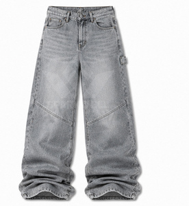 Jean en denim ample vintage pour homme, coupe décontractée taille haute, jambe large, délavage clair, longueur intégrale, en coton, style streetwear - Product Image 2