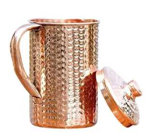 Hammered <b>Copper</b> Pitcher with Lid Brass <b>Knob</b> Curved Handle Cylindrical Body Textured Finish Traditional Handcrafted Drinkware - Product Image 4