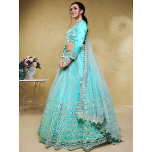 Increíble Red de Trabajo de lámina azul cielo Sangeet Wear Lehenga Choli con Dupatta - Product Image 5
