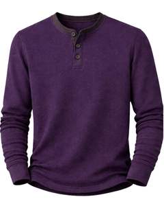 <b>Mens</b> Waffle <b>Henley</b> Long Sleeve Thermal T Shirt Purple Casual Button Neck Winter Wear <b>Top</b> Cotton Slim Fit Breathable Fabric - Product Image 2