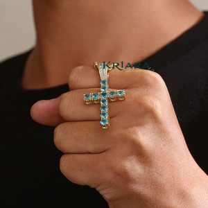 <b>Cross</b> Pendant with Blue Rhinestones 925 Silver 18K Gold Plated Lab Grown Hiphop Style Religious Unisex Party <b>Charm</b> Jewelry - Product Image 2