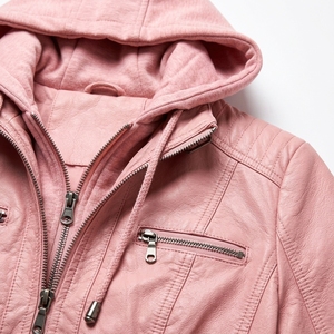 Veste de moto en similicuir PU rose pour femme, à capuche, fermeture éclair, manches longues - Product Image 6