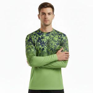 T-shirt de performance à manches longues pour homme, vert et bleu, séchage rapide, respirant, décontracté, col rond, tricoté en coton/bambou, coupe classique - Product Image 4
