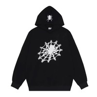 Sudadera con Capucha Negra para Hombre con Estampado de Telaraña Plateada, Corte Holgado, Estilo Casual, Diseño con Estampado Metálico, Manga Regular, Tejido de Punto