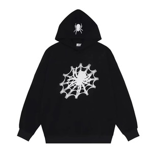 Sudadera con Capucha Negra para Hombre con Estampado de Telaraña Plateada, Corte Holgado, Estilo Casual, Diseño con Estampado Metálico, Manga Regular, Tejido de Punto - Product Image 1