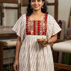 Robe courte bohème en coton et lin pour femme, imprimé Ikat, brodée, coupe ample, tunique artisanale pour l'été et la plage - Product Image 2