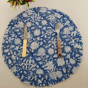 Light Blue Reversible Placemats Floral Hand Block Print Frill <b>Edge</b> Modern Disposable Dining Table Decor Reusable for Home - Product Image 1