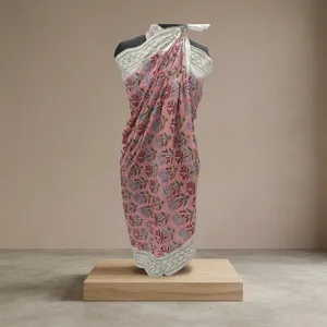 Pink Floral Hand Block Printed Cotton <b>Sarong</b> Scarf with Cream Border Lightweight Beach Wrap Stole for Women - Product Image 5