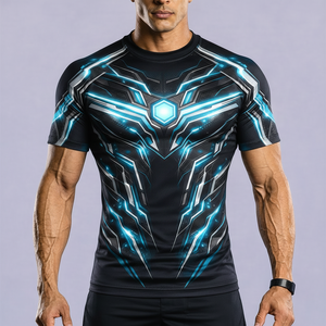 Men's <b>Brown</b> Blue Geometric Compression Shirt Short Sleeve Quick Dry Polyester Rash Guard Top - Product Image 4