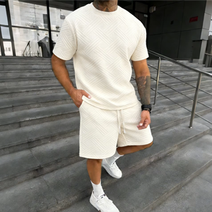 Mens 2-Piece <b>Knitted</b> Polyester/Cotton Solid T-Shirt <b>Set</b> Slim Fit Casual Summer Crew Neck Customized Printing 220-240 Fabric - Product Image 2