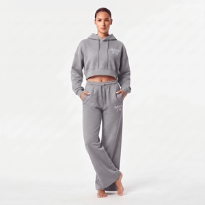 Conjunto de sudadera con capucha de algodón gris para mujer y pantalones jogger de pierna ancha, de manga larga, corte holgado, ropa informal de dos piezas. - Product Image 1