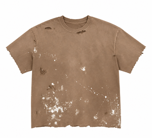 T-shirt en coton marron oversize avec éclaboussures de peinture et détails usés, style streetwear homme, manches courtes, col rond, coupe jersey - Product Image 3