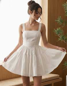 Robe longue en lin à col carré, dos ouvert, fente haute, élégante, pour la plage et les vacances, tenue de plage pour femme - Product Image 4