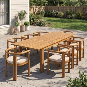 Modern Teak Outdoor <b>Dining</b> Set <b>8</b> Seater Weather Resistant Garden Furniture Solid Wood Patio Table with Cushioned <b>Chairs</b> - Product Image 1