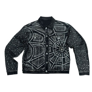 Blouson en jean noir pour homme avec broderie géométrique à sequins, col rabattu, style streetwear, coupe droite, sweat à capuche orné de strass pour l'automne - Product Image 1