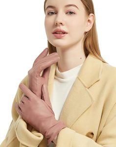 Gants en cuir pour femmes, gants d'hiver à écran tactile, chauds, pour la conduite, en peau d'agneau, doublés de cachemire, rose - Product Image 1