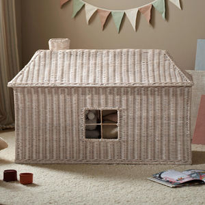 Organizador de Juguetes Hecho a Mano, Caja de Almacenamiento de Mimbre en Forma de Casa, Color Blanco Lavado, para Cuarto de Juegos Infantil - Product Image 1