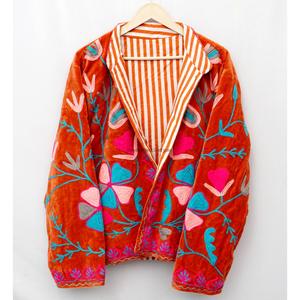 Floral Embroidery <b>Reversible</b> Velvet Jacket Mandarin Collar Short <b>Coat</b> Eco-Friendly Breathable Unisex 100% Cotton Shell All - Product Image 2