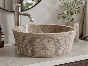 Natural <b>Round</b> Chiseled Marble Sink Handmade Stone Vessel <b>Basin</b> for Luxury Bathroom Hotel Vanity Wholesale Supplier - Product Image 2