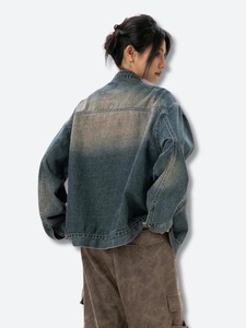 Chaqueta de Mezclilla Lavada con Cuello Mandarín Estilo Chino, Unisex, Otoño, Corte Holgado, Cierre de Botones, Color Sólido, Manga Regular - Product Image 4