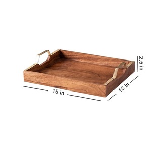 Wooden <b>tray</b> with gold metal handles modern design durable construction perfect for kitchen dining serving <b>snacks</b> drinks - Product Image 1