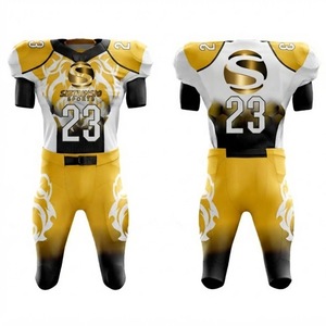 Ensemble d'uniformes de football américain sublimés personnalisés pour équipes professionnelles, maillots et pantalons de sport en jersey or, noir et blanc, pour adultes et universitaires - Product Image 1