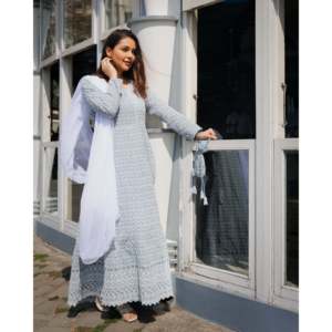 Ensemble de costume pour femme Sharkira Gray en dentelle de coton Chikankari respirant taille XS - Product Image 5