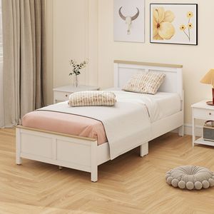 Cadre de lit double moderne avec tête de lit, lit plateforme en bois blanc, montage facile, aucun sommier tapissier nécessaire, lattes en bois incluses - Product Image 6