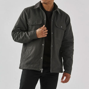 Chaqueta de Trabajo de Lona Negra para Hombre con Cierre de Cremallera, Forro de Sherpa, Cuello Camisero, Corte Regular, para Otoño - Product Image 3