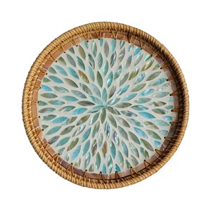 Luxury Artisan Rattan <b>Tray</b> Featuring Intricate Mother of Pearl Inlay Design for Tabletop Display and Serving - Product Image 2