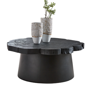 Mesa de Centro con Borde Natural y Patrón Ranurado, Madera de Acacia Sólida en Negro Intenso con Base Metálica, Atractiva para Sala de Estar - Product Image 1