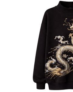 Sweat-shirt en molleton noir surdimensionné personnalisé pour femme, col montant, imprimé dragon, pull chaud décontracté, streetwear, haut tendance hiver - Product Image 3