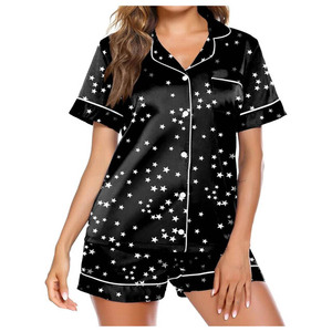 Ensemble pyjama en satin à manches courtes pour femmes, avec boutons sur le devant, garniture blanche, vêtements de nuit élégants pour l'été - Product Image 3