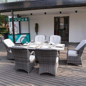 Ensemble de table rectangulaire en aluminium 6 places avec foyer et chaises en rotin, mobilier de patio - Product Image 2