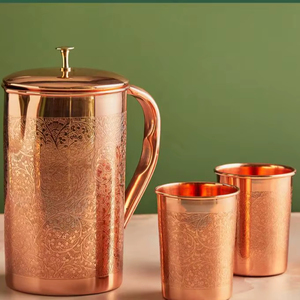 Copper jug set with artisan finish handcrafted look <b>water</b> serving metal set with <b>glasses</b> durable reusable kitchen dining drinkwa - Product Image 2