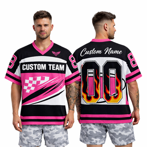 เสื้อกีฬาทีมแบบกำหนดเองสำหรับผู้ชาย ดีไซน์ลายเปลวไฟ คอวี ผ้าตาข่ายระบายอากาศ เสื้อยืดพิมพ์ชื่อและหมายเลขส่วนตัว เสื้อกีฬา - Product Image 2