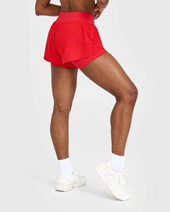 2026 Latest Muscle Mommy Red Unified Double <b>Layer</b> Men Shorts Elastic Waist Solid Zip Pocket <b>Mid</b> Waist 2 1 Shorts Sweat Wicking - Product Image 4