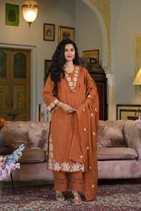 <b>Women's</b> Light Brown Cotton Embroidered <b>Kurta</b> With Pant & Dupatta Set Regular Fit Ankle Length Traditional Indian Pakistani Style - Product Image 3