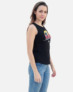Débardeur noir sans manches pour femme avec imprimé coucher de soleil, vêtement décontracté 100 % coton tricoté respirant, design logo avant - Product Image 2