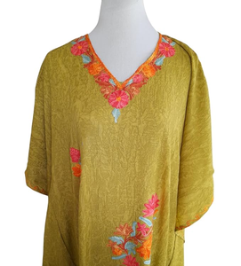 Elegant Olive Green Floral Embroidered Neck Floor Length <b>Long</b> Sleeve <b>Kaftan</b> <b>Dress</b> Fusion Traditional Craftsmanship Contemporary - Product Image 4