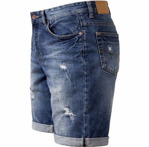 Pantalones cortos de mezclilla para hombre personalizados, lavado oscuro, desgastados, con parche de cuero, bolsillo para monedas, rasgados, con dobladillo con vuelta, al por mayor - Product Image 1