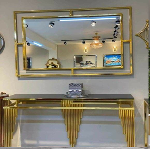 Grand miroir doré effet soleil couchant avec une console en marbre à niveaux assortie ; disponible à prix de gros. - Product Image 2